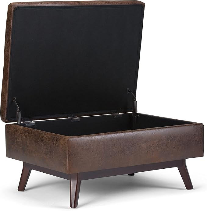 SIMPLIHOME Owen 34 inch Wide Mid Century Modern Rectangle Coffee Table Storage Ottoman in Distressed Chestnut Brown Vegan Faux Leather, Assembled, For the Living Room, Entryway and Family Room