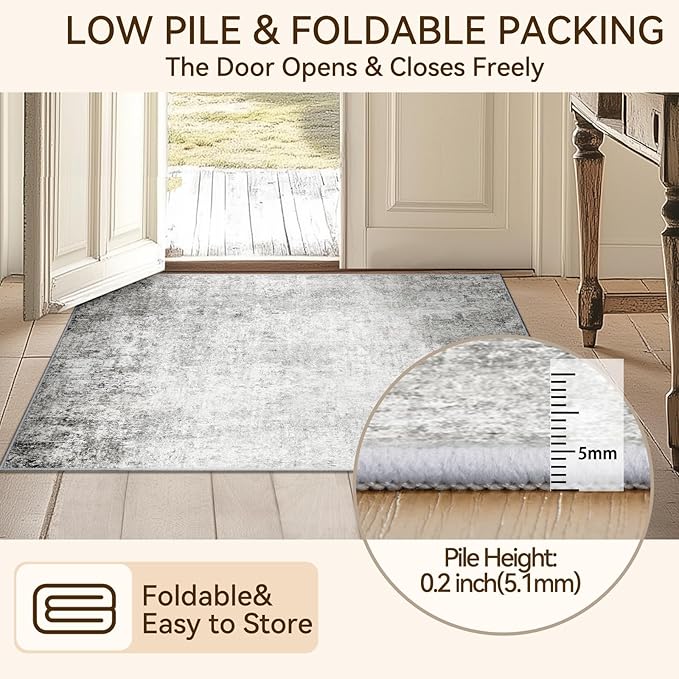 Washable Area Rugs 2'x6' Non-Slip Modern Abstract Soft for Living Room Entryway Bedroom Nursery, Print Pattern, Gray White Grey