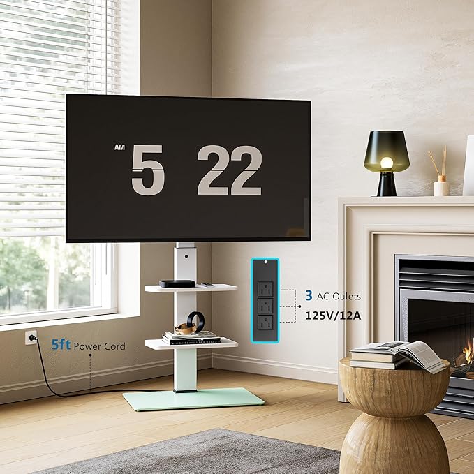 FITUEYES Floor TV Stand for 32-75 inch TV with Power Outlet, Tall TV Mount for Bedroom Living Room with Tempered Glass Base, TV Stand with Mount Holds Up to 88lbs MAX VESA 600x400mm,White