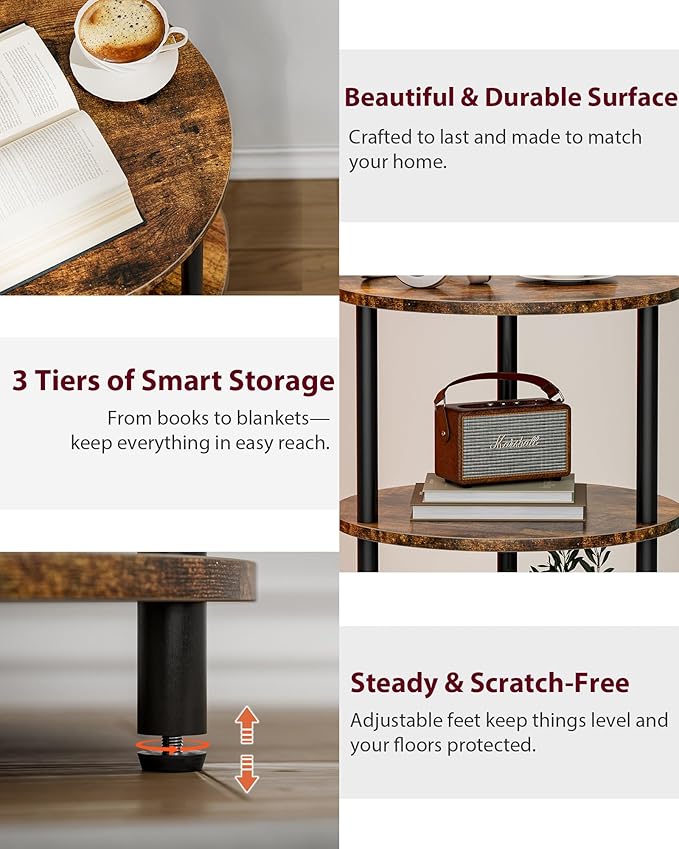 Small Round End Table - 3 Tier Design Accent Table, Narrow Side or Bedside Stand, Industrial Vintage Nightstand for Bedroom, Living Room, or Small Spaces, Rustic Brown