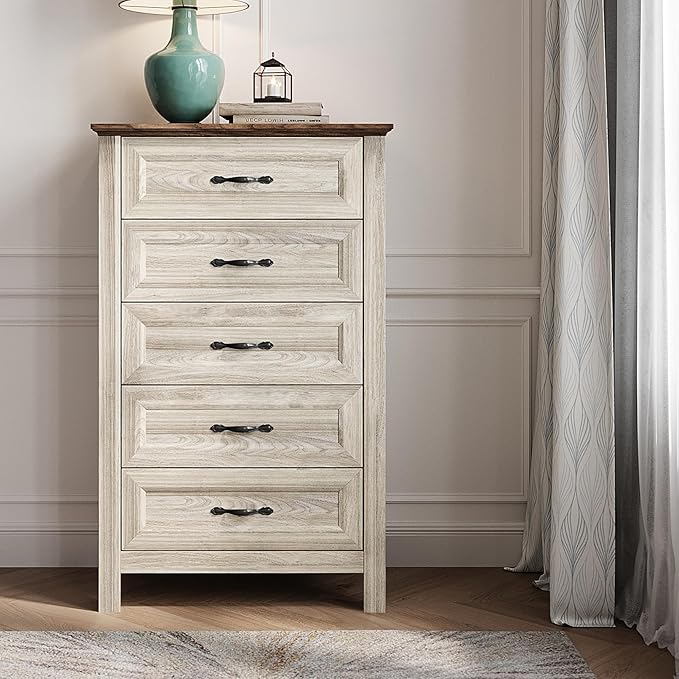 LINSY HOME Tall Dresser for Bedroom with 5 Drawers, 45" Tall Dressers & Chests of Drawers, Modern Farmhouse Large Vertical Dresser with Wood Legs for Bedroom, Closet, Living Room, Hallway, Beige