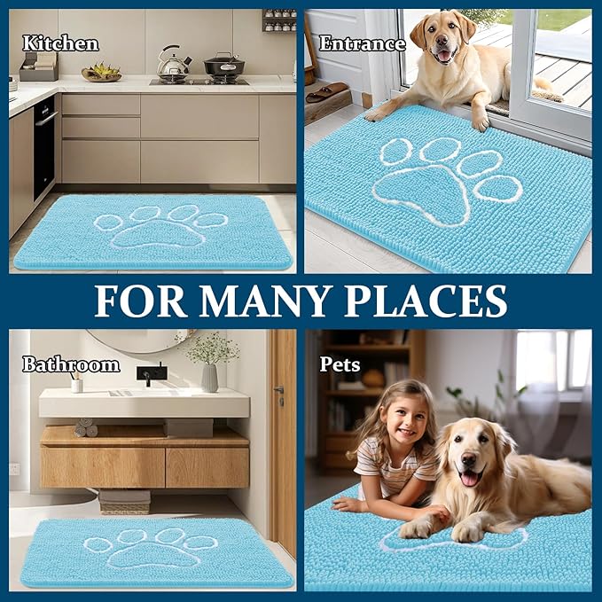 OLANLY Door Mat for Muddy Dog Paws 36x24, Ultra Absorbent Chenille Mud Doormat with Paw Print Design, Non-Slip Washable Doormat for Indoor Entryway, Quick-Dry Pet Bed Mats for Dirty Dogs, Blue