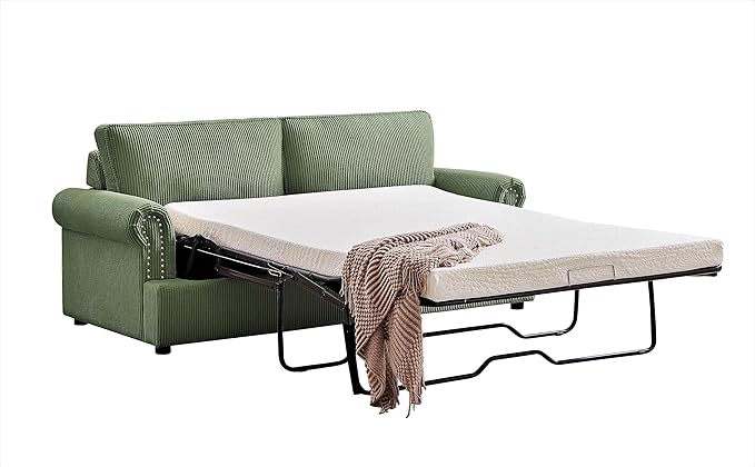 Reversible Sleeper Sofa Bed with Comfortable Memory Foam Mattress, Convertible Corduroy Full Size Pull Out Couch for Living Room, Space Saving Furniture, 72" Wide, Rounded Arms, Dark Green