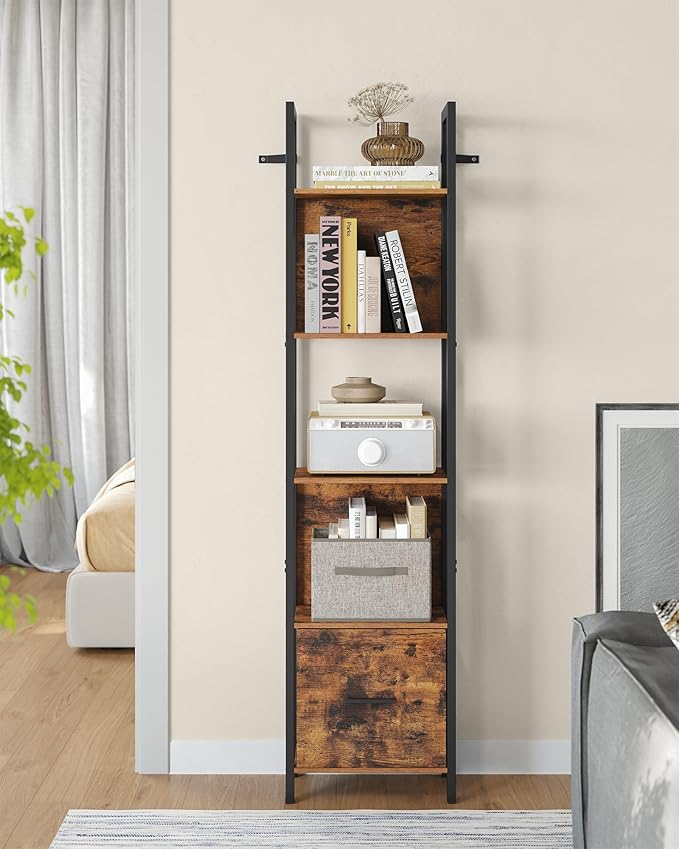 VASAGLE 5-Tier Bookshelf, Book Shelf with Drawer, Industrial Bookcase, with Steel Frame, for Living Room, Home Office, Bedroom, 9.4 x 15.7 x 65 Inches, Rustic Brown and Black ULLS146B01