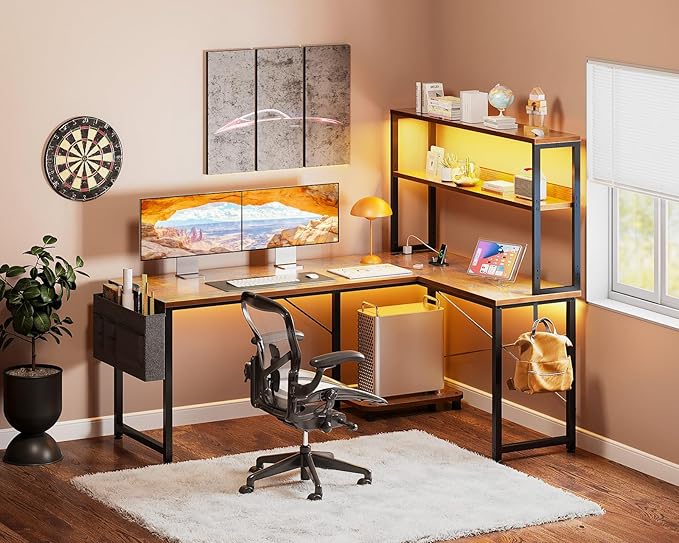 Casaottima Gaming Desk with Power Outlets & LED Lights, 53 Inch Reversible L Shaped Computer Desk with Shelves & Storage Bag, Corner Desk for Home Office, Vintage