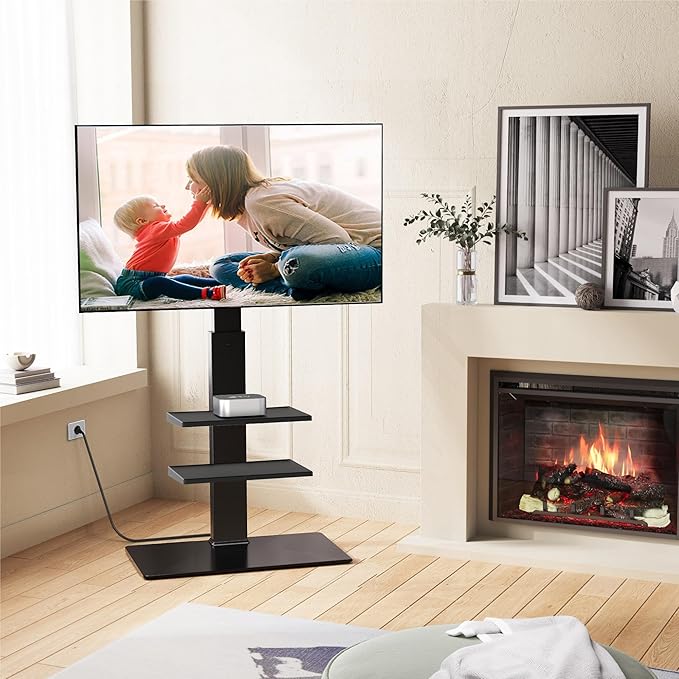 FITUEYES Floor TV Stand for 32-75 inch TV with Power Outlet, Tall TV Mount for Bedroom Living Room with Tempered Glass Base, TV Stand with Mount Holds Up to 88lbs MAX VESA 600x400mm,Black