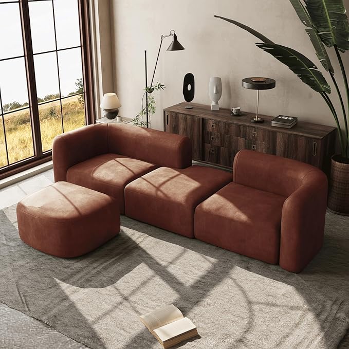 Acanva Luxury Modern Tight Curved Back Velvet Sofa, Minimalist Style Comfy Couch for Living Room Apartment, 4 Seater Modular Sectional, Tangerine
