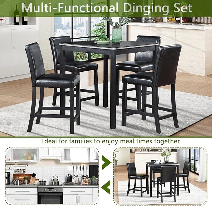 KEIKI 5-Piece Counter Height Dining Table Set with Square Table and 4 Upholstered Chair, for 4 Person, Classic Style Crystal Decoration Wooden Table Set, Easy Assembly, for Kitchen, Dining Room, Black