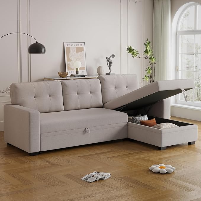 Ball & Cast Convertible Sectional Sleeper Sofa Bed L Shaped 4 in 1 Pull Out Couch with Reversible Storage Chaise & Removable Back Cushions,Sleeper Corner Pull Out Sofa Bed Couch for Living Room,Office