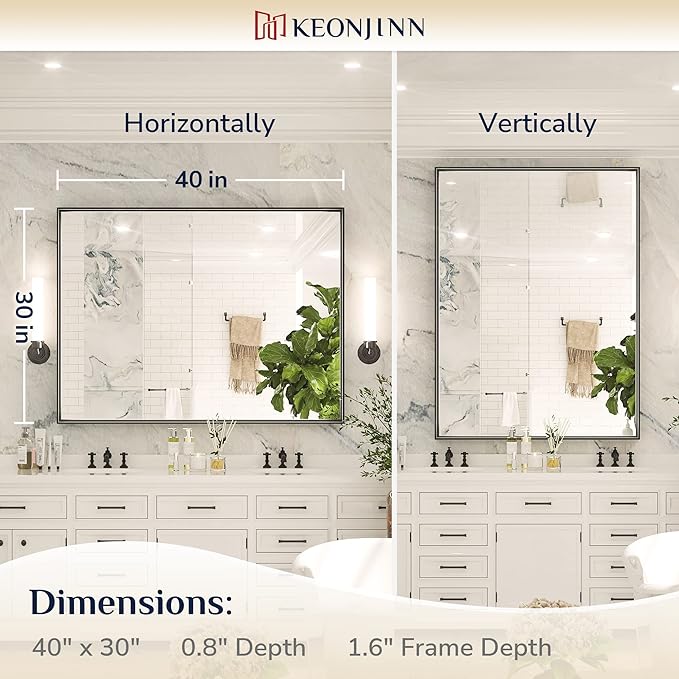 Keonjinn Black Framed Mirror for Bathroom 40 x 30 Inch, Rectangular Wall Mirror for Bathroom, Metal Frame Farmhouse Black Mirrors for Over Sink Large Decorative Rectangle Mirrors