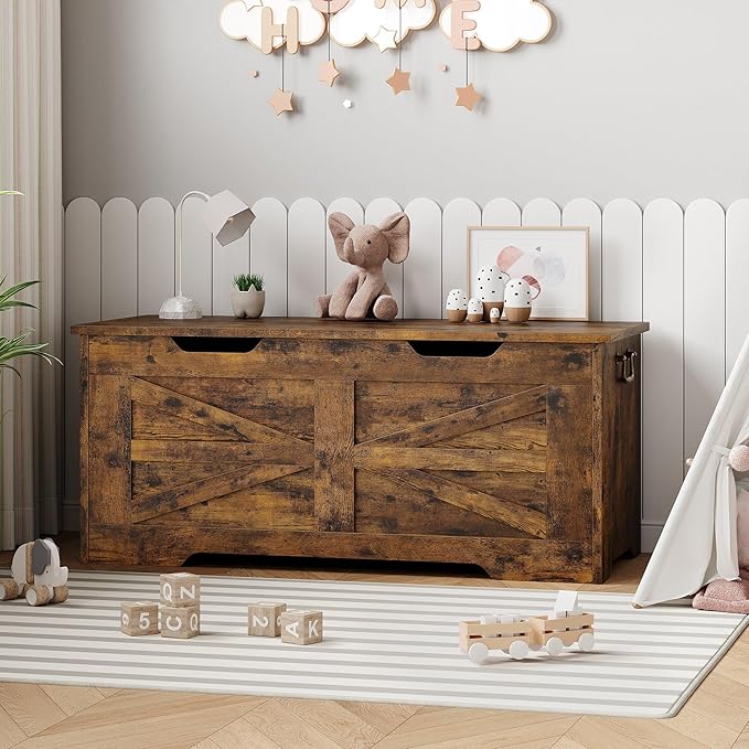 GarveeHome 39.4" Storage Chest, Toy Chest With Lids, Entryway Storage Bench with Safety Hinge, Wooden Storage Trunk, Supports 350 Lb, for Living Room, Bedroom, Rustic Brown