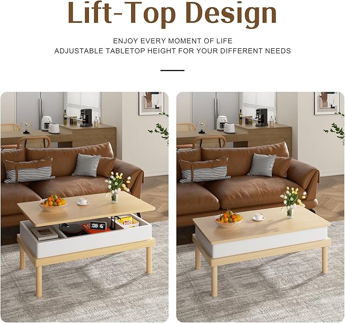 Shintenchi Coffee Table, Lift Top Coffee Table with Hidden Compartment, Rising Tabletop Dining Table, Lift Top Coffee Center Table for Living Room, Office, Home (Oak)