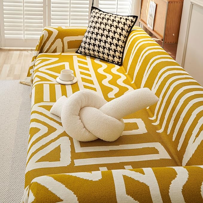 STACYPIK Boho Chenille Couch Cover, Ginger Yellow Sofa Cover for 3 Cushion Couch, Anti Slip L Shaped Couch Protector, Washable Loveseat Cover Pet Friendly, Multi-Use Jacquard Throw Cover-71X150IN