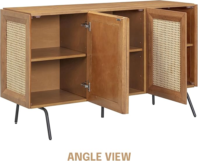 NTC MOSSIC Modern Sideboard with 3 Doors, Natural Rattan Storage Cabinet, Buffet with Metal Legs, Boho Accent Cabinet for Living Room, and Entryway, Effortless Assembly, Teak Look