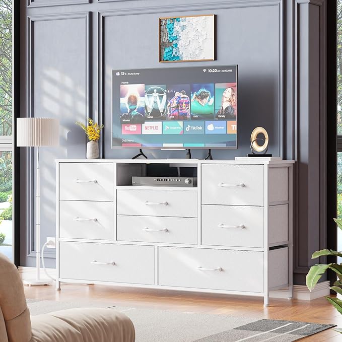 Furnulem Dresser for Bedroom, Wide Chest with Power Outlet for 55" TV Stand Entertainment Center, Deep 8 Drawers for Storage in Living Room,Entryway,Hallway,Closet(White)