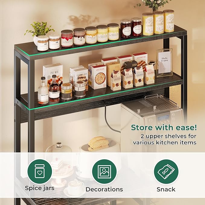 SUPERJARE Bakers Rack with Power Outlet, 35.4 Inches Coffee Bar with Wire Basket, Kitchen Microwave Stand with 6 S-Shaped Hooks, Open Storage Shelves, Black