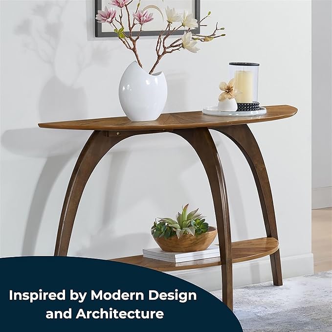 Martin Svensson Home LAX Two-Tone 48-Inch Caramel Brown Half-Moon Wood Sofa Console Table with Walnut Legs and Shelf Storage