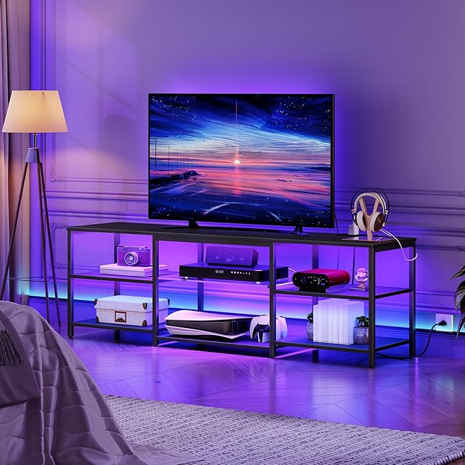 HOOBRO LED TV Stand for 75 Inch TVs with Charging Station, Gaming Entertainment Center with 3-Tier Open Storage, Long 63” Media TV Console Table, TV Stand for Living Room, Bedroom, Black BB21UDDS01