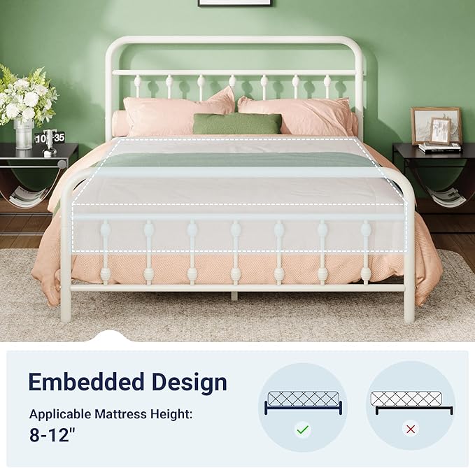 Allewie 14 Inches Queen Size Metal Platform Bed Frame with Victorian Style Iron-Art Headboard/Footboard, Mattress Foundation, Easy Assembly, Under Bed Storage, No Box Spring Required, Off White