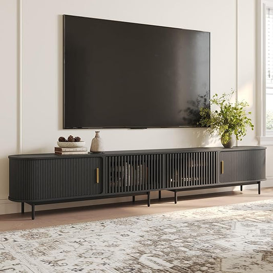 POVISON Sliding Tambour Door TV Stand, Mid Century Modern TV Console, Wood Media Console, Entertainment Center with Storage Cabinet, Fully-Assembled (Black, 118.11")