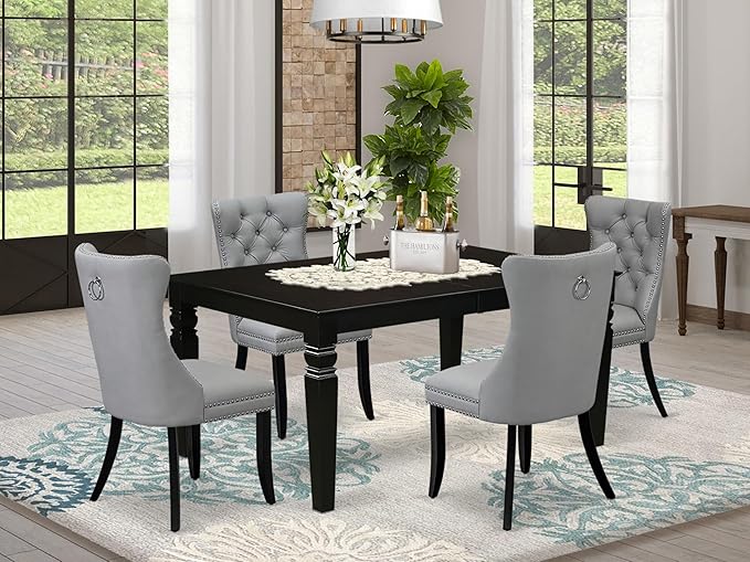 East West Furniture LGDA5-BLK-27 5 Piece Dining Table Set Includes a Rectangle Wooden Table with Butterfly Leaf and 4 Polyester Fabric Parson Chairs, 42x84 Inch, Black
