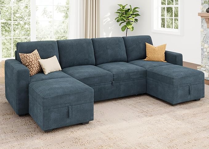 HONBAY Modular Sectional Sleeper Sofa Bed, Corduroy Pull Out Couch with Storage Ottoman, U Shaped Sectional Couches for Living Room, Blue