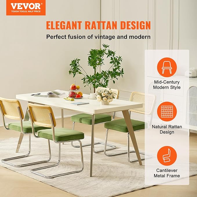 VEVOR Rattan Dining Chairs Set of 4, Mid Century Modern Dining Chair, Upholstered Velvet Accent Chair with Rattan Back, Retro Dining Room Kitchen Chair for Living Room, Bedroom (18.1 Inch)