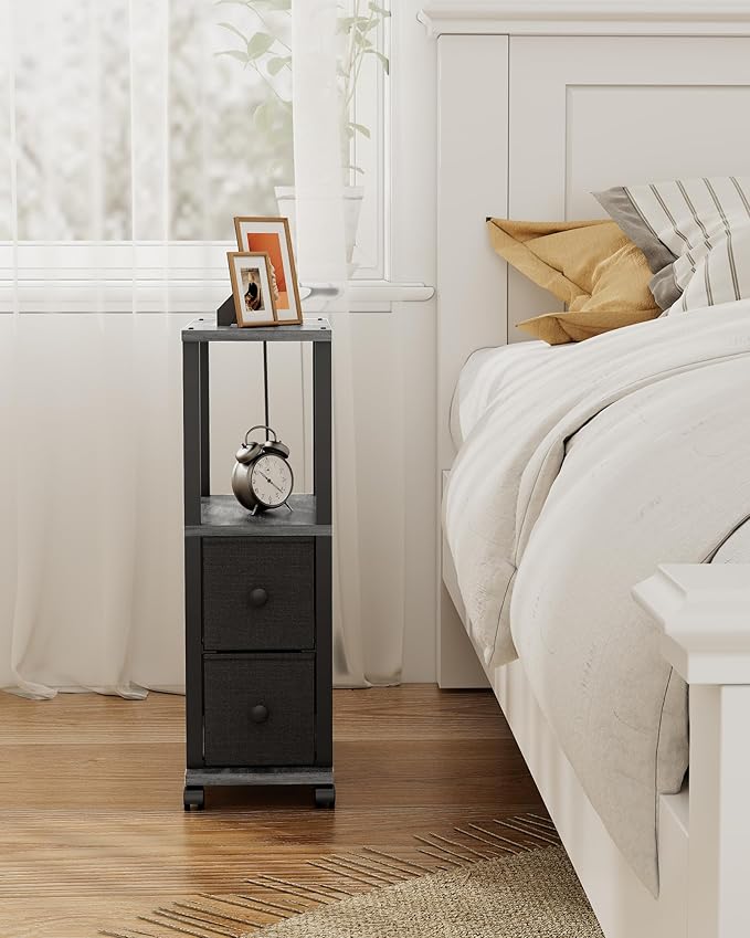 TUTOTAK Small Narrow End Tables, Side Tables with 2 Fabric Drawers, Set of 2, Bedside Tables with Charging Station for Small Spaces, Slim Nightstands with USB Ports and Wheels, TB01BY053
