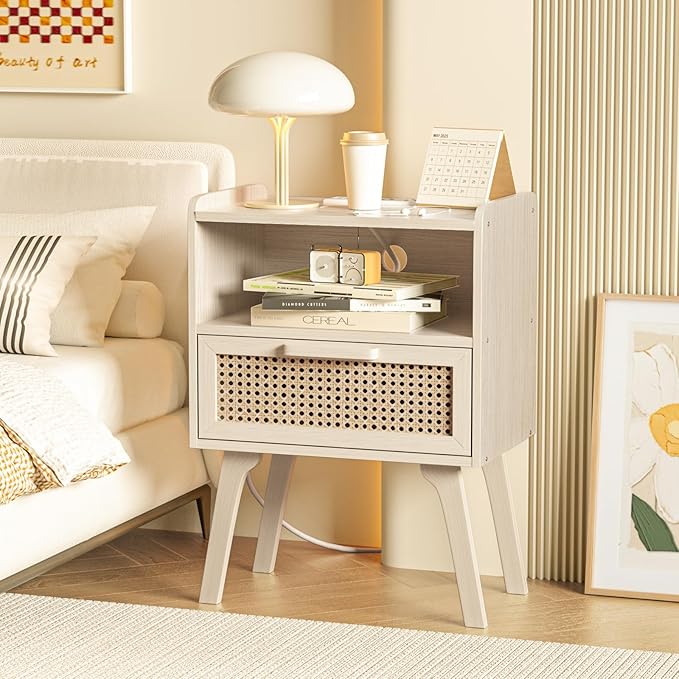 Lerliuo Rattan Nightstand with Charging Station, Side Table with Drawer Open Shelf, Cane Accent Bedside End Table with Solid Wood Legs, Night Stand for Bedroom, Dorm and Small Spaces (Grey White)