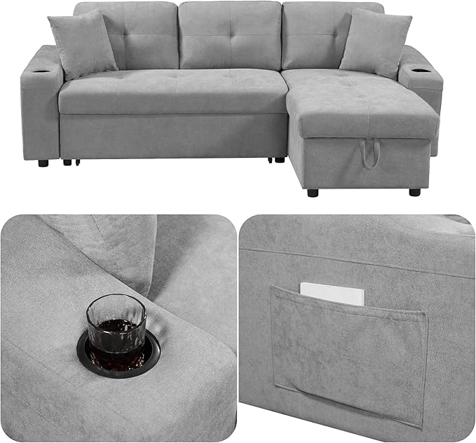 L Shape Pull Out Sofa Bed with Cup Holder, Convertible Sectional Couch with Reversible Chaise Storage, Modular 4 Seat Sofa with Side Pockets, for Living Room, Apartment, Office, Light Gray