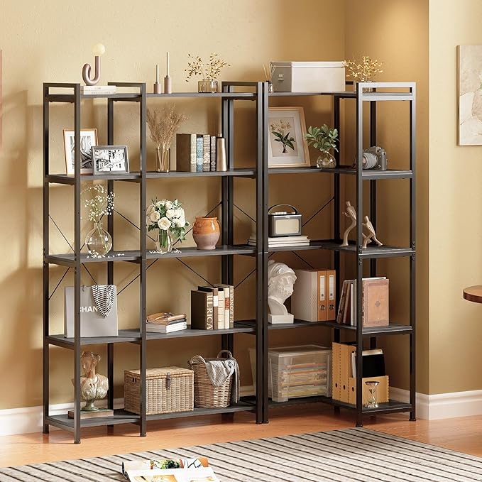 Tohomeor Bookshelf 5 Tier Deformable Corner Bookcase Free Standing Modern Industrial Book Storage Display Book Shelf for Bedroom Living Room Study Room Office (Dark Grey)
