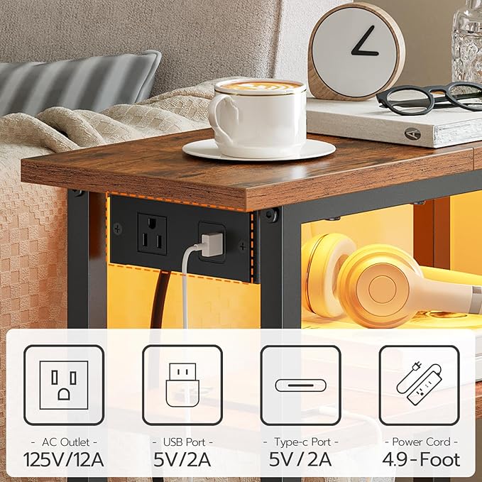 HOOBRO Narrow Side Table with Charging Station and LED Light, Set of 2, Small End Table with Storage, Skinny Nightstand Slim Bedside Table for Small Spaces, Living Room, Rustic Brown BF242UDBZP201