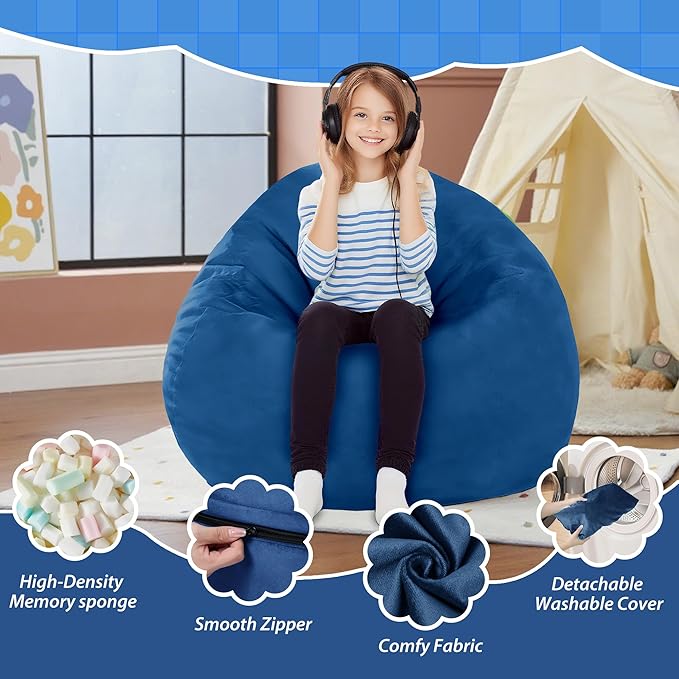 2FT Bean Bag Chair with Ultra Soft Velvet Cover Bean Bag Sofa with Memory Foam Bean Bag Chairs with Large Size Lazy Sofa for Dorm Office Living Room Bedroom Blue 2'