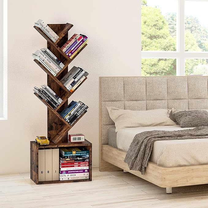 6 Tier Tree Bookshelf, Sturdy Retro Floor Standing Wood Bookcase, Storage Rack for Home Office, Living Room, Bedroom, Reading Spot, Heavy Book Organizer Shelves for CDs/DVDs/Movies