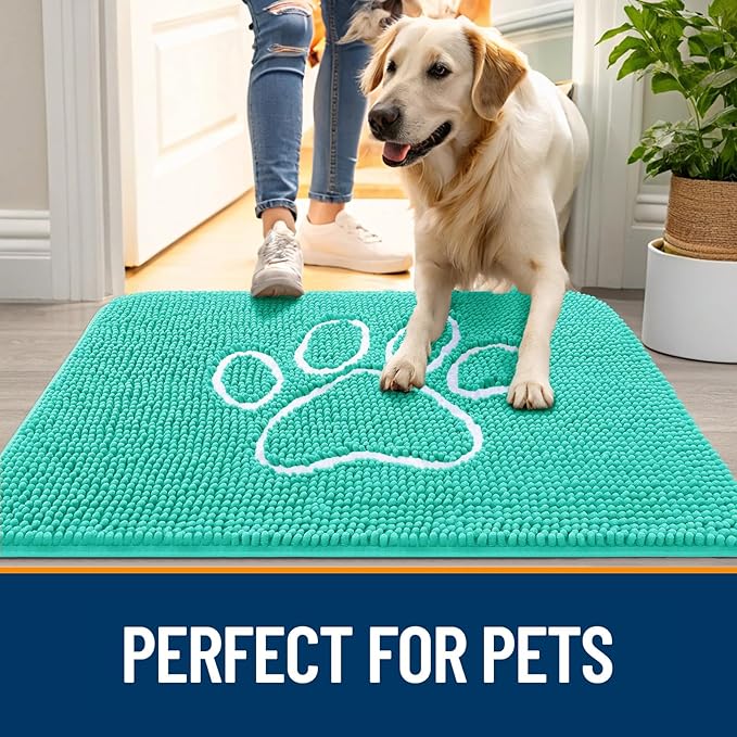 OLANLY Door Mat for Muddy Dog Paws 36x24, Ultra Absorbent Chenille Mud Doormat with Paw Print Design, Non-Slip Washable Doormat for Indoor Entryway, Quick-Dry Pet Bed Mats for Dirty Dogs, Teal