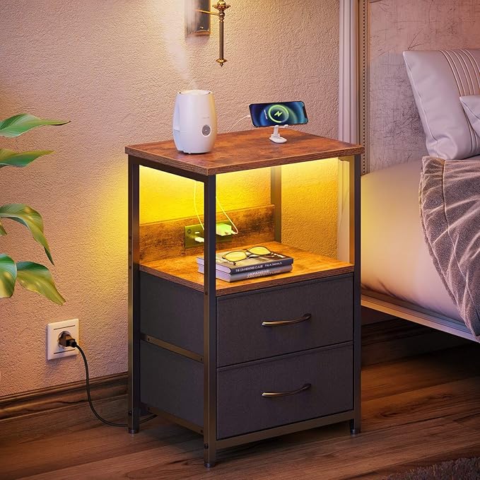 Seventable Nightstand Set of 2 with Charging Station, Bedside Table with LED Lights, Night Stand with 2 Fabric Drawers, 3-Tier Storage End Table for Bedroom, Rustic Brown