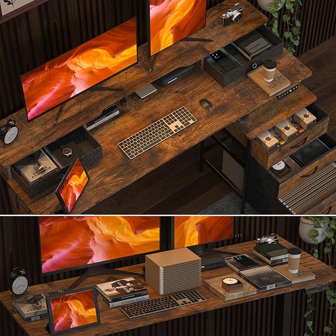 63 Inch Electric Standing Desk with Cabinet & Drawers, Height Adjustable Sit Stand Desk with Monitor Shelf, Smart Home Office Standing Computer Desk, Rustic Brown
