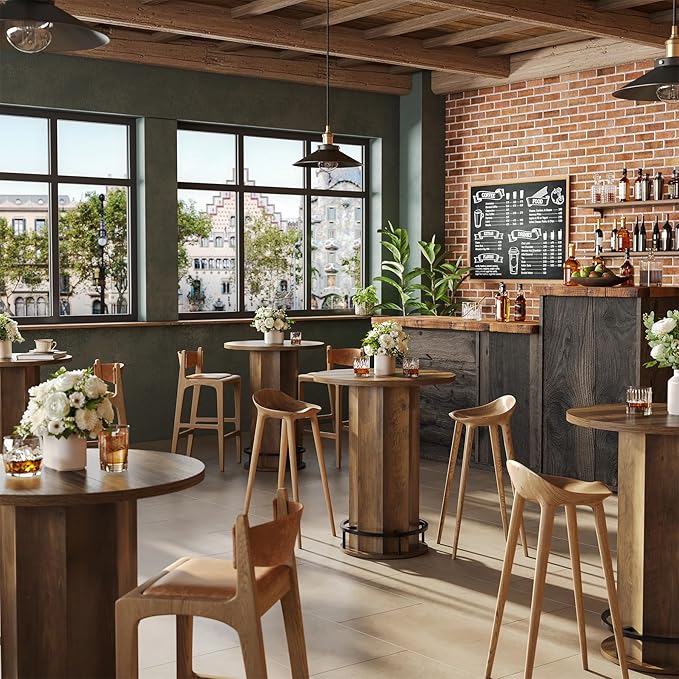 LITTLE TREE Round Bar Table, 39.4" H Wooden Bistro Pub Table with Round Metal Footrest, Small Pub Cocktail Table for Dining Coffee Living Room, Apartment, Balcony, Rustic Brown