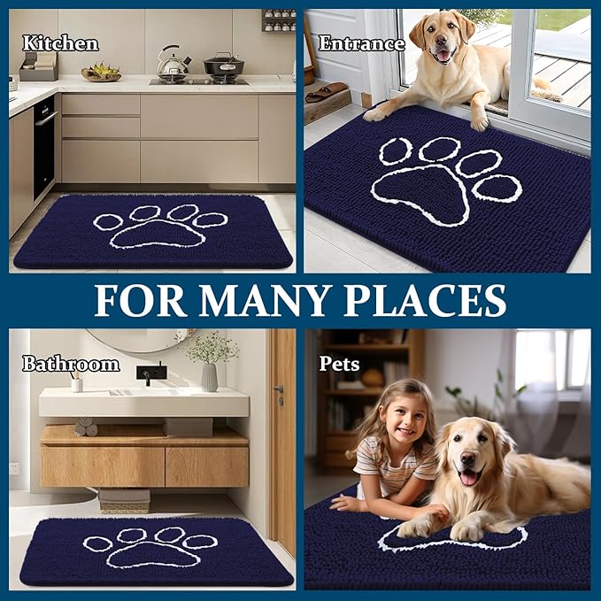 OLANLY Door Mat for Muddy Dog Paws 70x24, Ultra Absorbent Chenille Mud Doormat with Paw Print Design, Non-Slip Washable Doormat for Indoor Entryway, Quick-Dry Pet Bed Mats for Dirty Dogs, Navy Blue