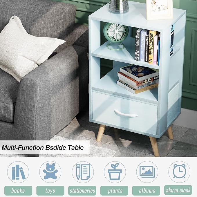 Night Stand, Blue Kids Nightstand with Drawer, Nursery Side Table with Open Storage, 3-Tier Modern End Table, Bedside Table for Small Space, Living Room, Bedroom