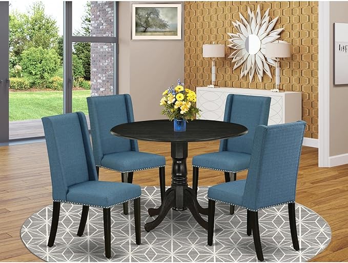 East West Furniture DLFL5-ABK-21 5 Piece Dining Room Table Set Includes a Round Dining Table with Dropleaf and 4 Blue Linen Fabric Upholstered Parson Chairs, 42x42 Inch, Wirebrushed Black