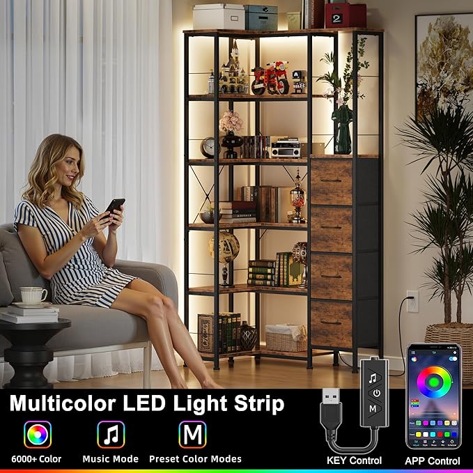 Corner Bookshelf with LED Light Strips & 4 Fabric Drawers, 6-Tier Convertible Corner Shelf with Display Shelf, Large Wood Industrial Bookcase for Living Room, Bedroom, Home Office, Rustic Brown