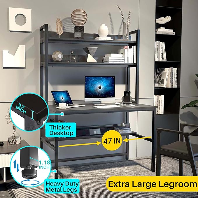 Aquzee Computer Desk with Hutch and Bookshelves, Large Leg Room 47 inch Width Black Desk with Space Saving Storage Shelves for Home Office,Study, Work, Easy Assemble