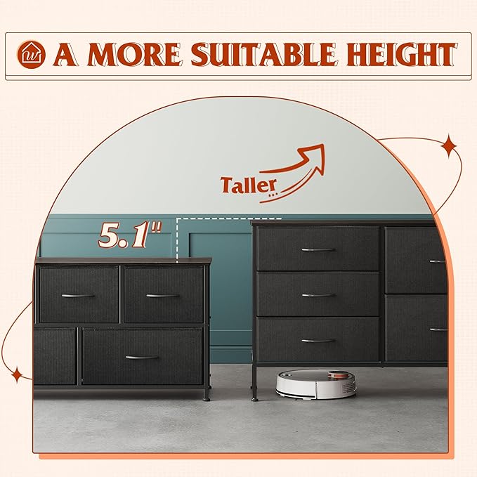 WLIVE Dresser for Bedroom with 5 Drawers, Wide Bedroom Dressers with Drawer Organizers, Chest of Drawers, Fabric Dresser for Living Room, Closet, Hallway, Charcoal Black