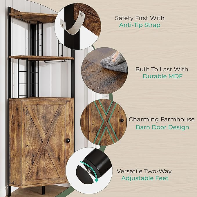 63” Corner Bar Cabinet with Wine Rack, 5-Tier Farmhouse Liquor Cabinet with Glass Holder, Adjustable Shelves & Barn Door, Rustic Brown Home Bar Storage for Living Room & Kitchen