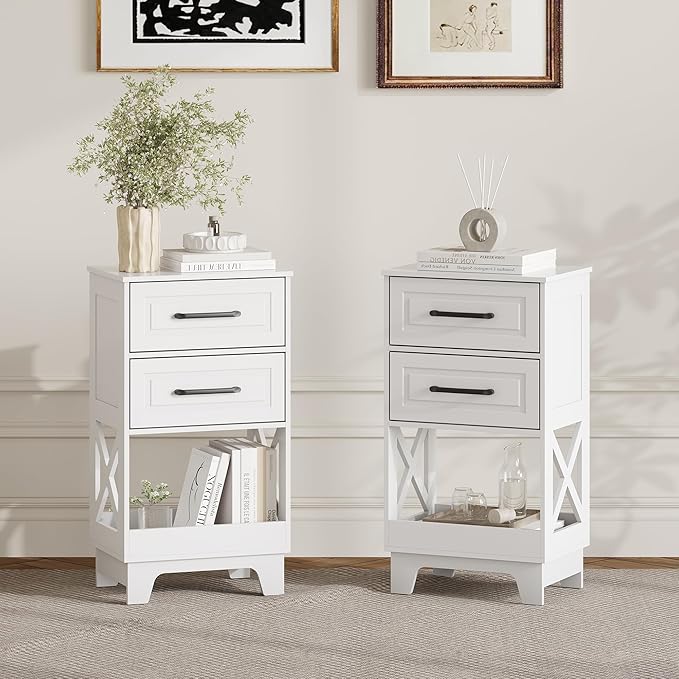 Tall Nightstand Set of 2 Side Table with 2 Drawers Modern Night Stand Wooden End Table Bedside Table with Below Open Shelf Solid Feet for Bedroom, Living Room, White