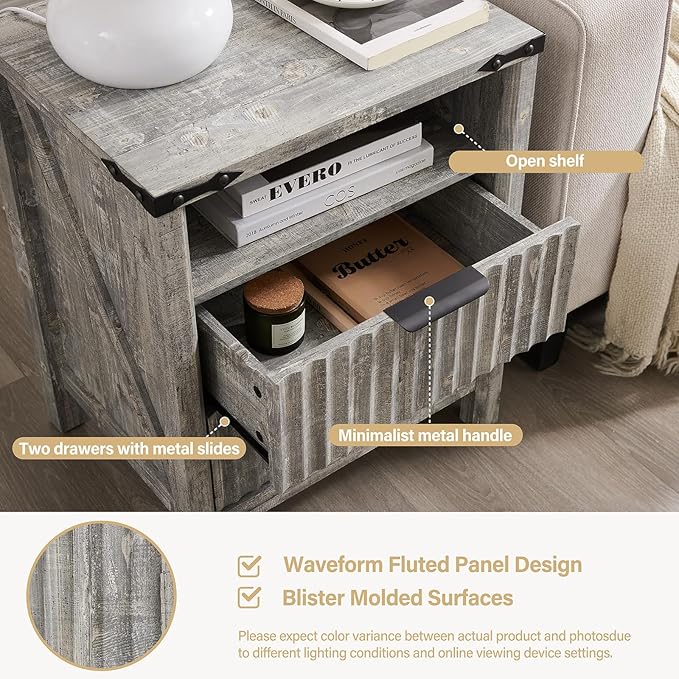 Grey Nightstand with Charging Station Set of 2-20 Inch Wide Farmhouse Fluted Bedside Table with 2 Drawers, Modern Wood End Side Table for Bedroom Study Storage Home