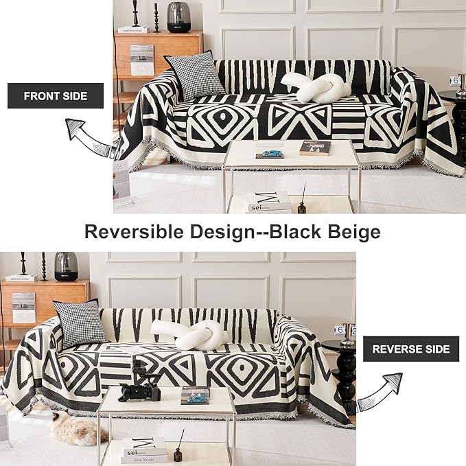 STACYPIK Boho Black Beige Couch Cover Wrinkle Resistant Sofa Cover for Cat Dog Geometric L Shaped Slipcover for Sectional Multi-Use Pet Protector for 2 Cushion Couch Tassels Recliner Cover-71x118IN