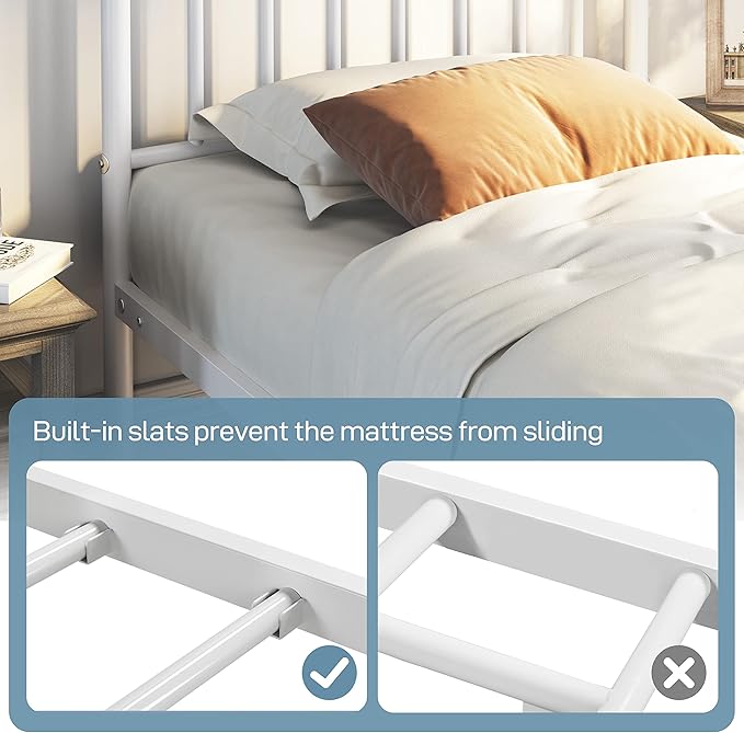 Yaheetech Twin Size Bed Frame Metal Platform Mattress Foundation with Spindle Headboard & Footboard/No Box Spring Needed/14 Inch Underbed Storage/Firm Support Easy Set up Structure, White