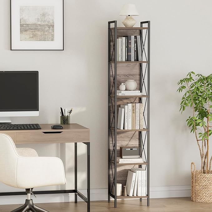 Homhedy 6 Tier Bookshelf Bookcase, Tall Narrow Bookshelf for Small Space, Metal Storage Shelves with Back Panel, for Home Office, Living Room, Kitchen, Bedroom, Industrial Style, Greige